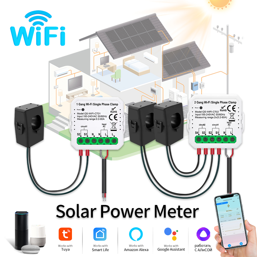 Smart Home Energy Monitor - Tuya Smart WiFi Zonne-energie Energiemeter 80A